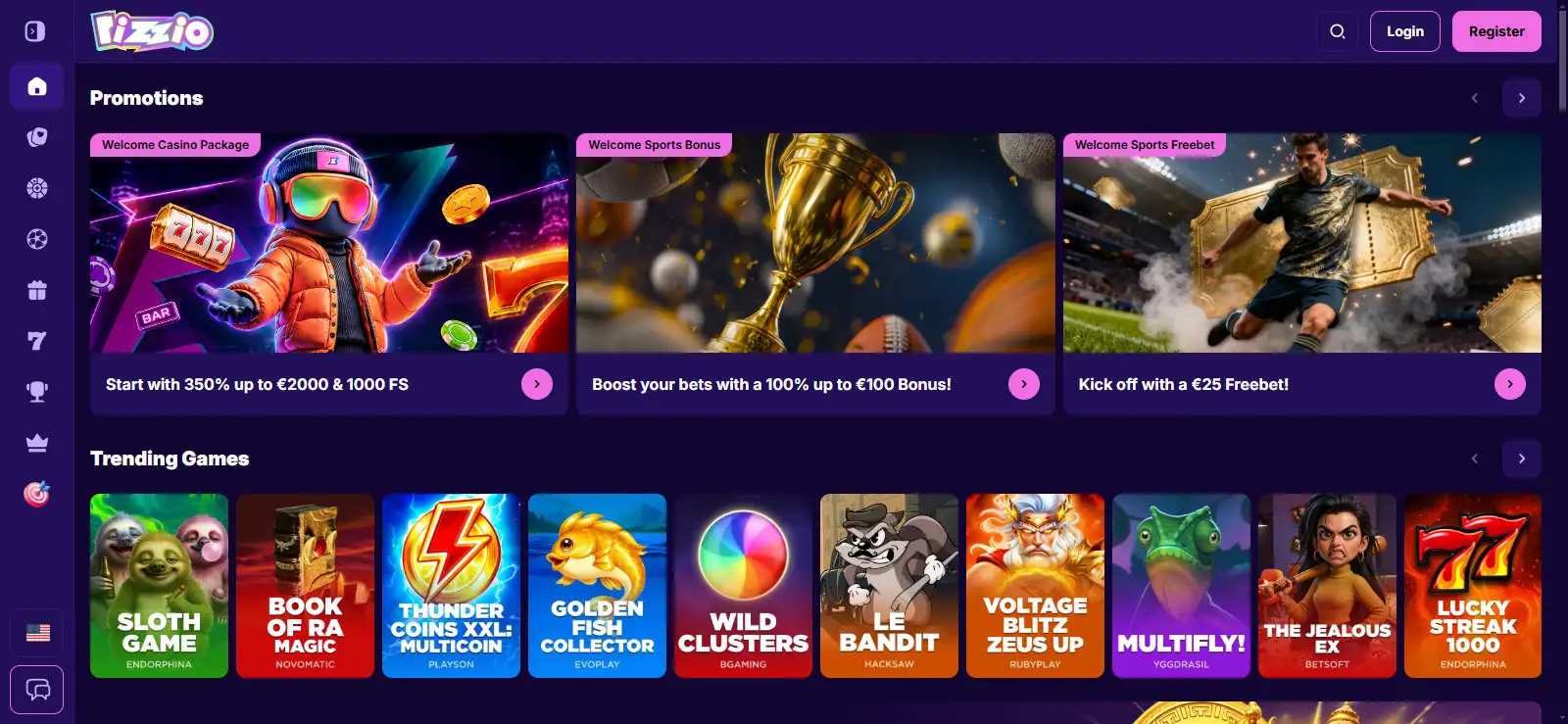 Current Rizzio Casino homepage or lobby interface