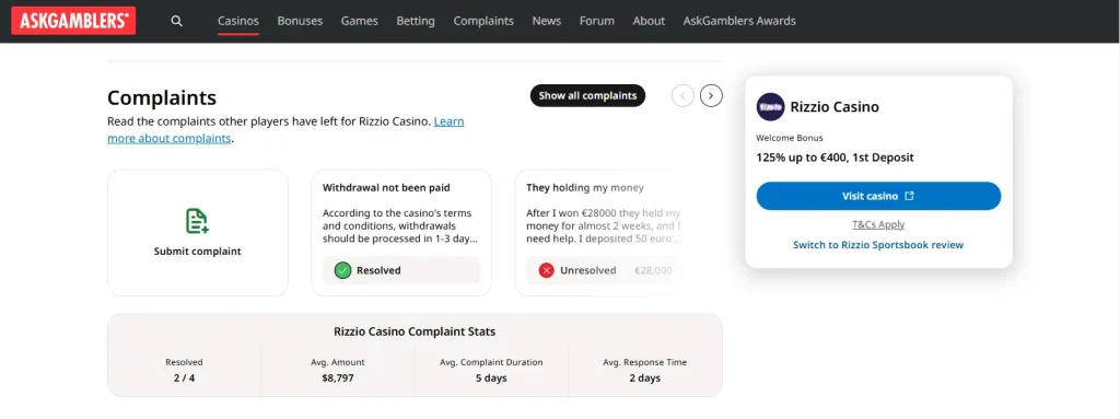 Current Rizzio complaint list showing withdrawal cases and their resolution status