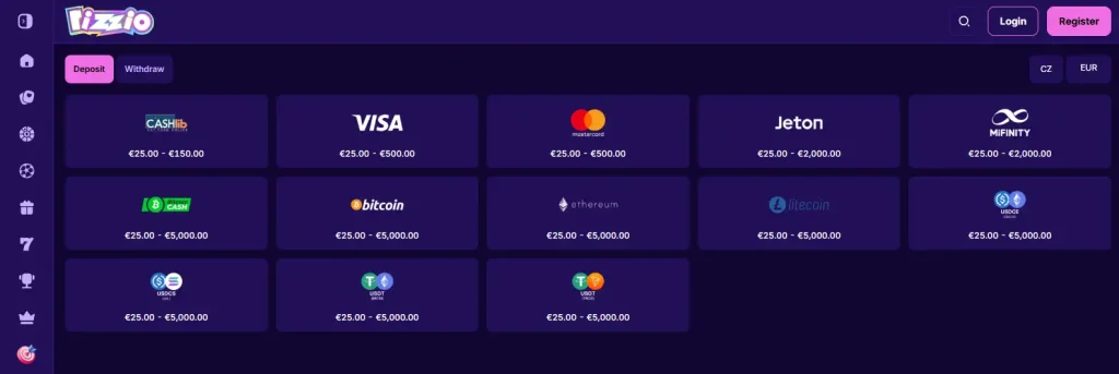Rizzio cashier showing deposit methods and supported currency choices