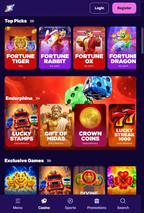 Rizzio Casino homepage or lobby displayed in a mobile browser
