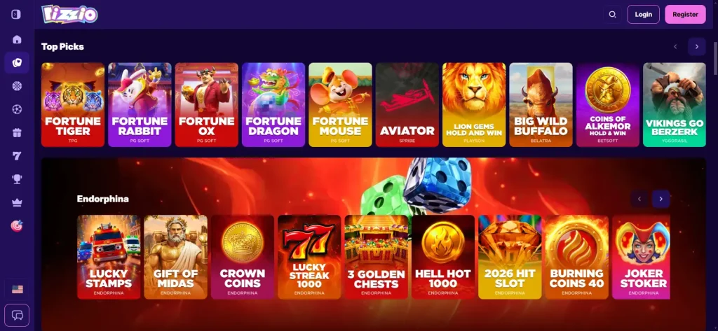Rizzio casino lobby with game categories and provider filters