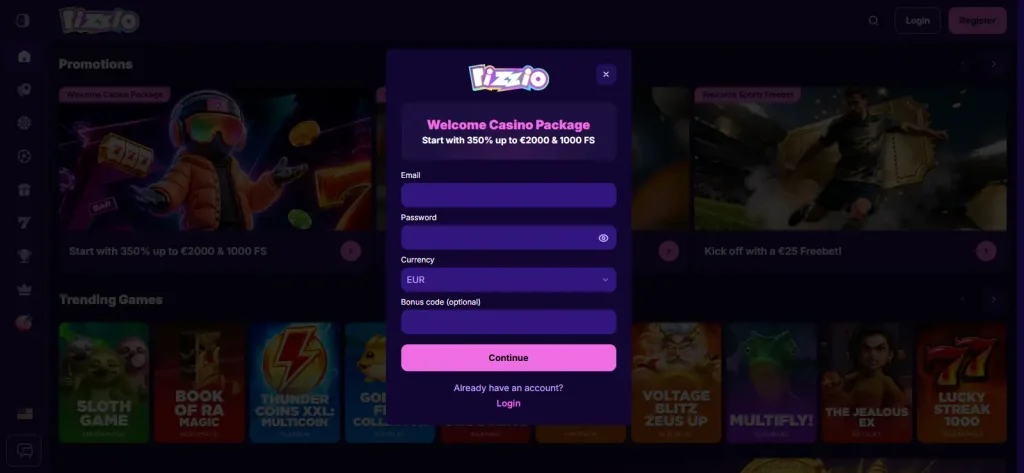 Rizzio Casino registration or account verification screen