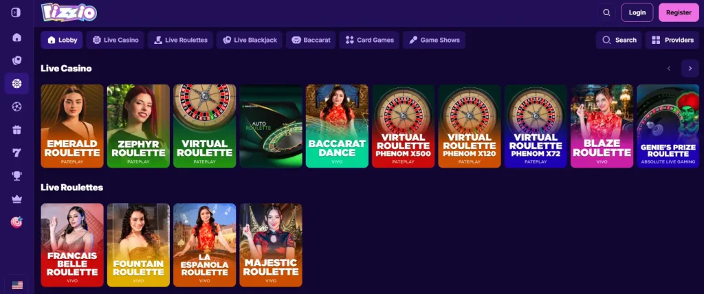 Rizzio live casino lobby showing streamed dealer tables