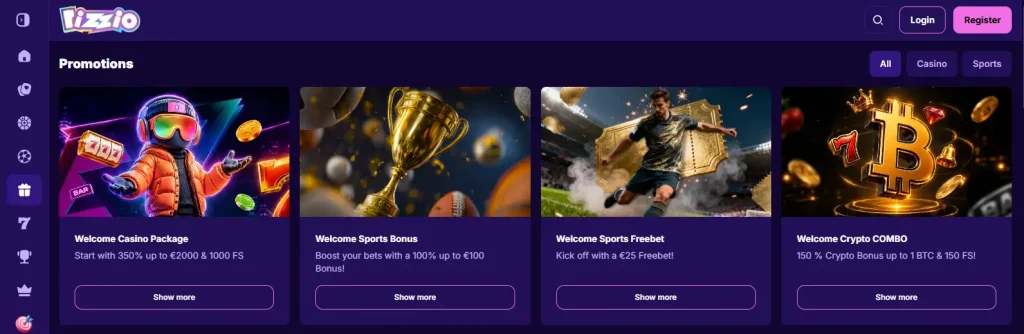 Rizzio promotions page showing current bonus terms